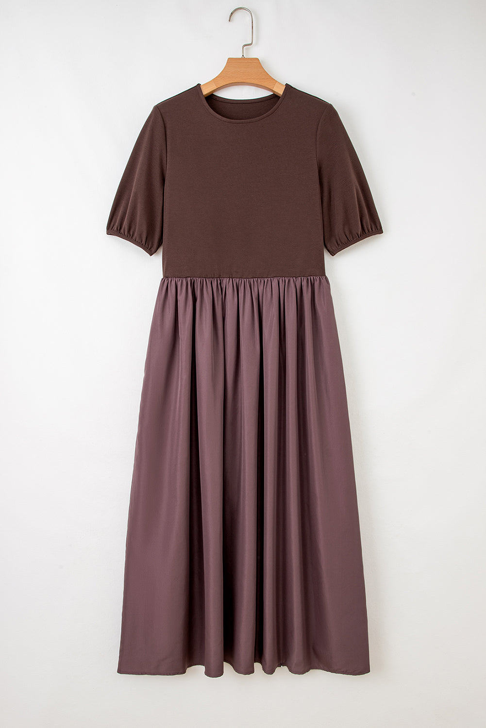 Coffee Short Sleeve Knit Top Patchwork Pleated Long Dress