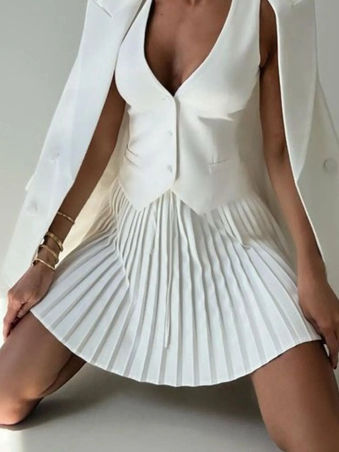 Button Up Vest and Pleated Mini Skirt Set See size chart under “more details”