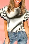 Black Stripe Scallop Lace Trim Ruffle Short Sleeves Crewneck Top