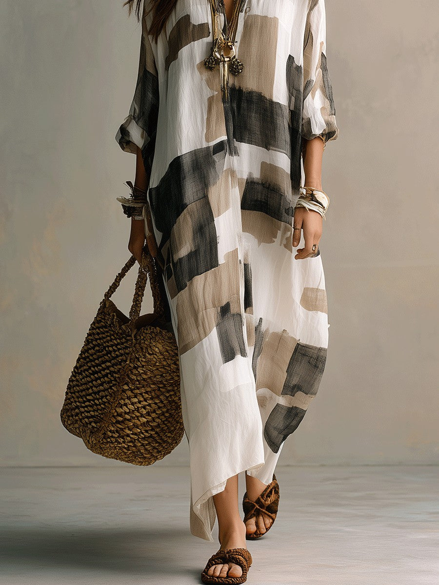 New Arrival Casual & American Vacation Style Printed Lapel Long Sleeve Maxi Dress