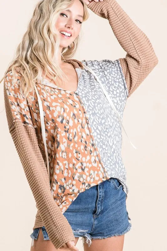 Popcorn Waffle Knit Hoodie with Print Block Front