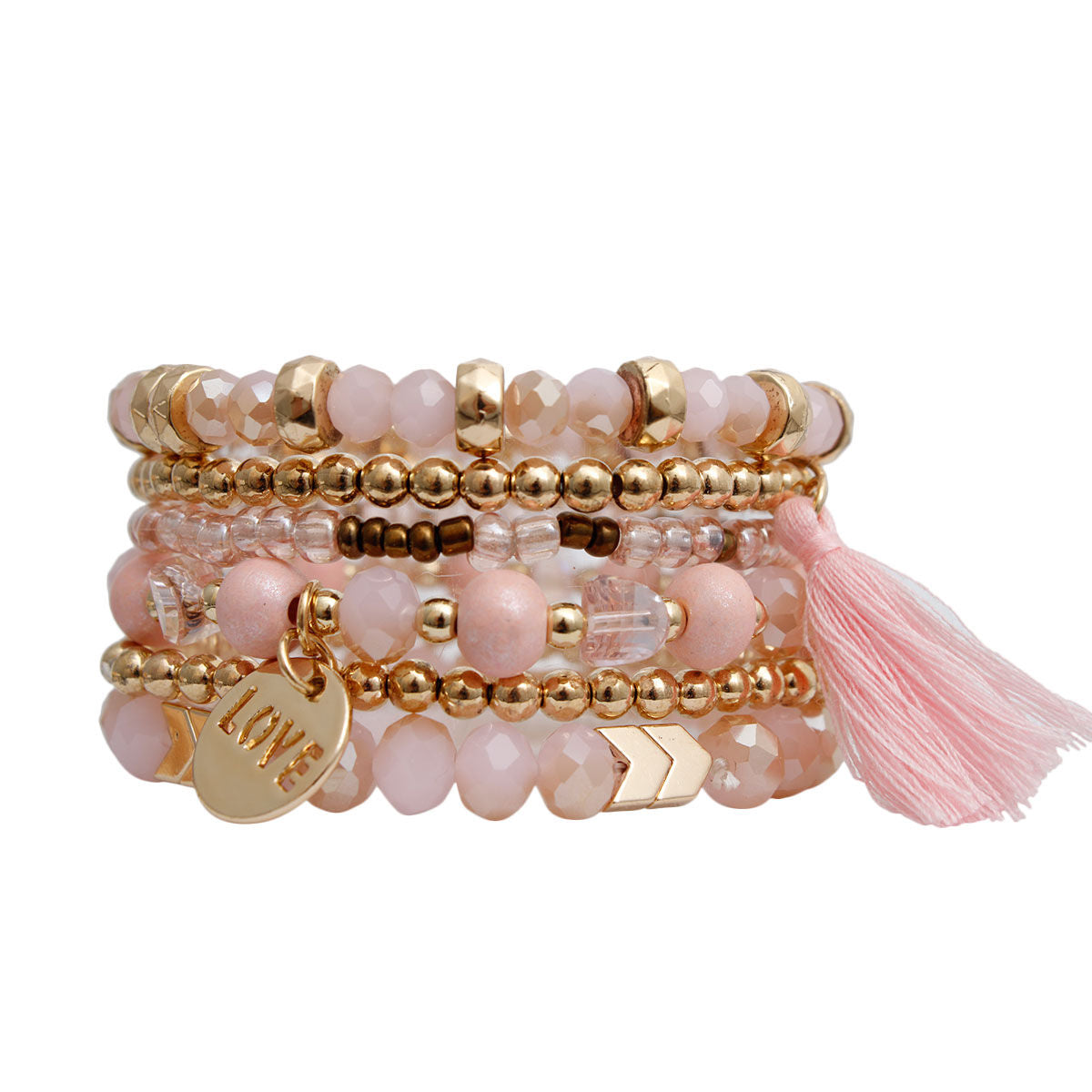 Bracelet Set 6 Pcs Light Brown Glass Trendy Layered Accessories