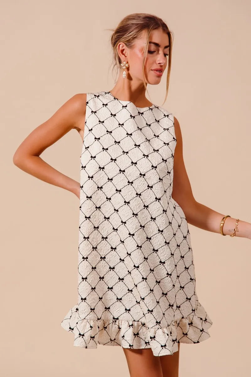 SO ME Texture Bow Printed Mini Ruffle Dress