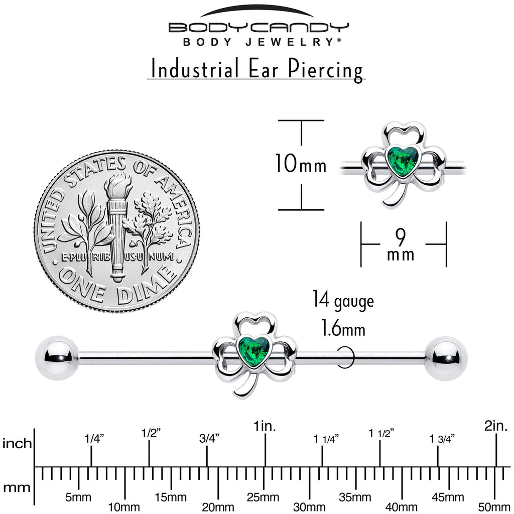 14G Green Gem Heart Shamrock St Patricks Day Industrial Barbell 38mm