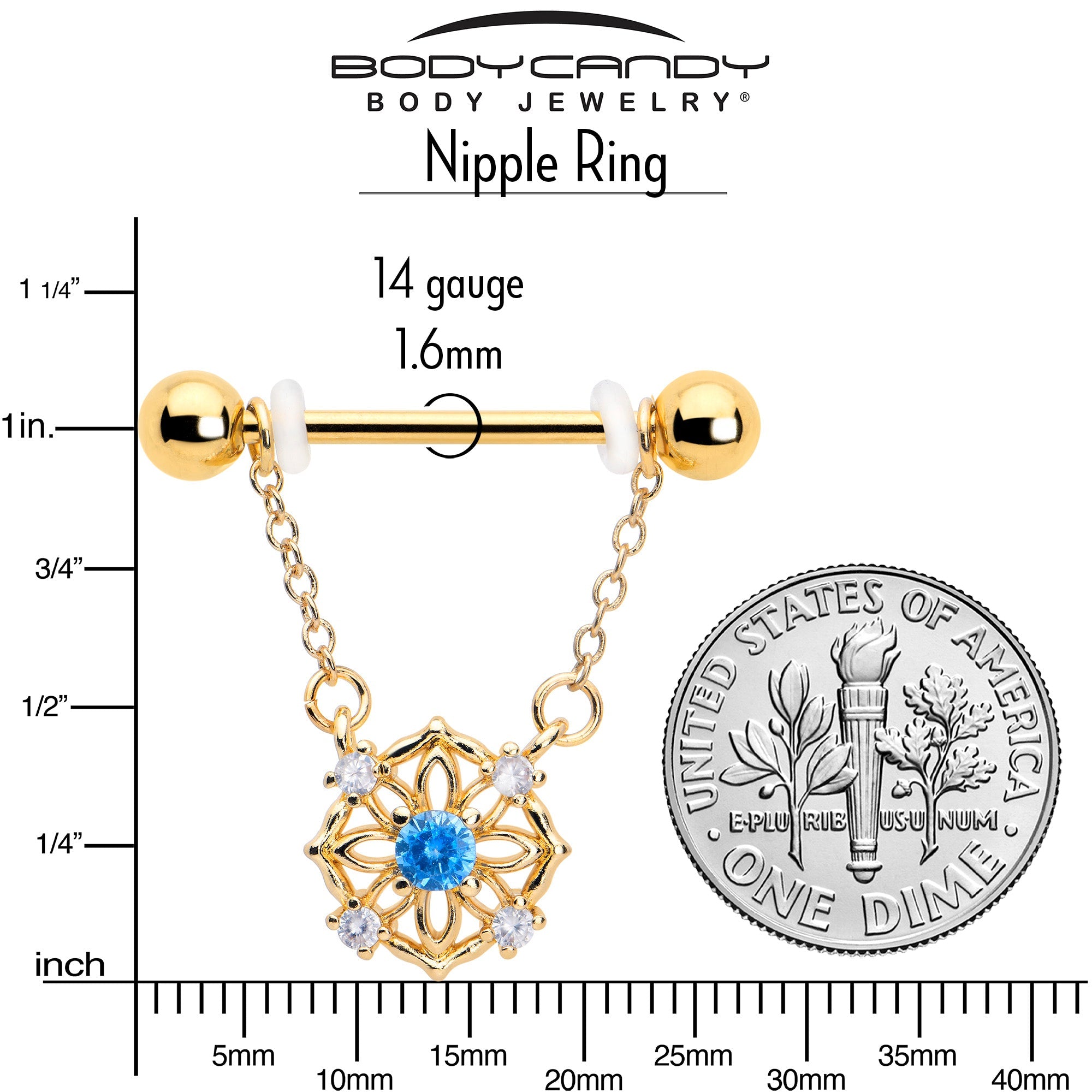 14G 9/16 Blue CZ Gem Gold Tone Flower Ring Dangle Nipple Ring Set