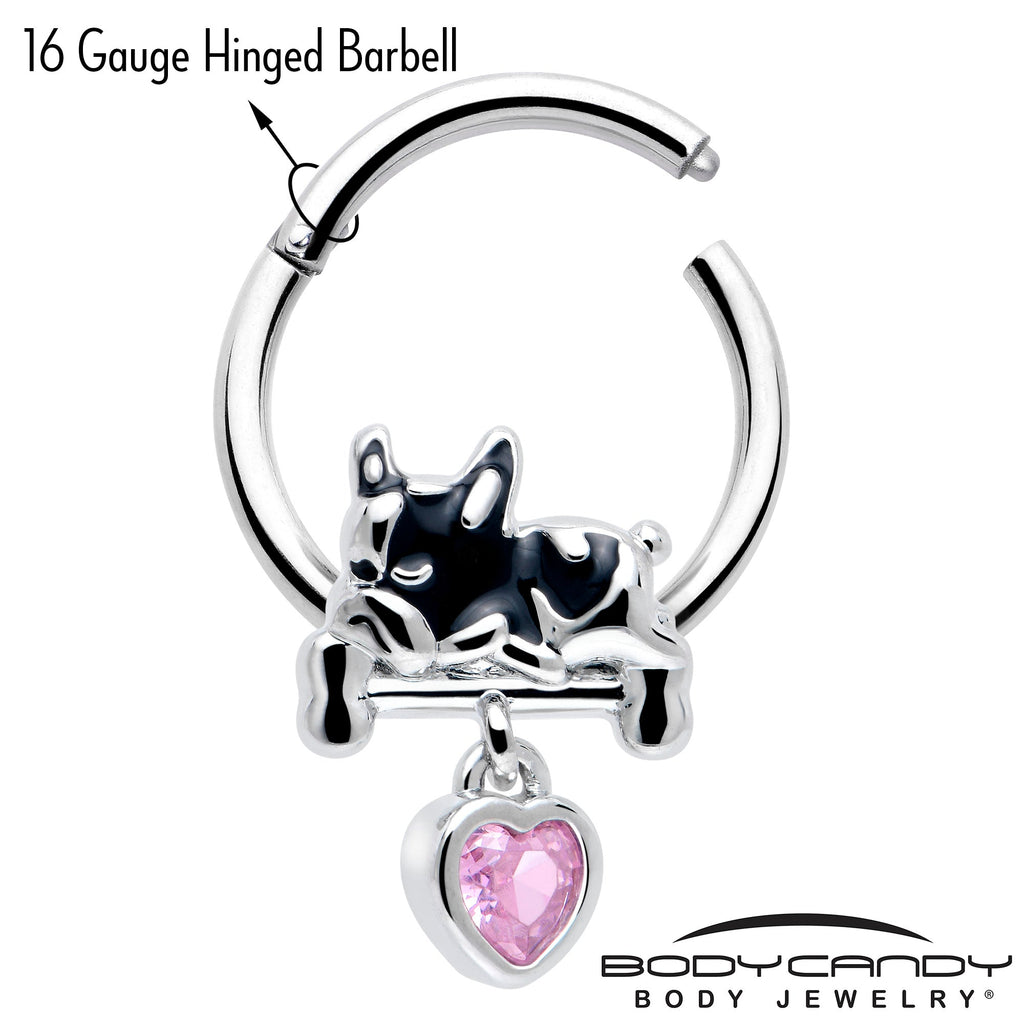16G 3/8 Pink CZ Gem Sleepy French Bulldog Dangle Hinged Segment Ring