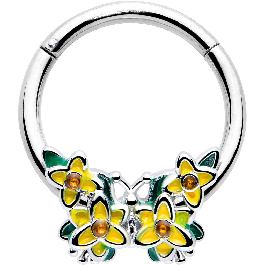 16G 3/8 Yellow CZ Gem Blooming Butterfly Hinged Segment Ring