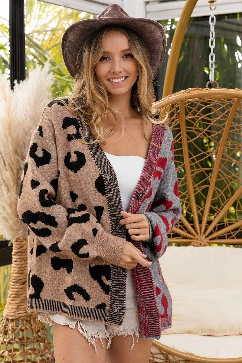 BiBi Leopard Color Block Button Down Sweater Cardigan