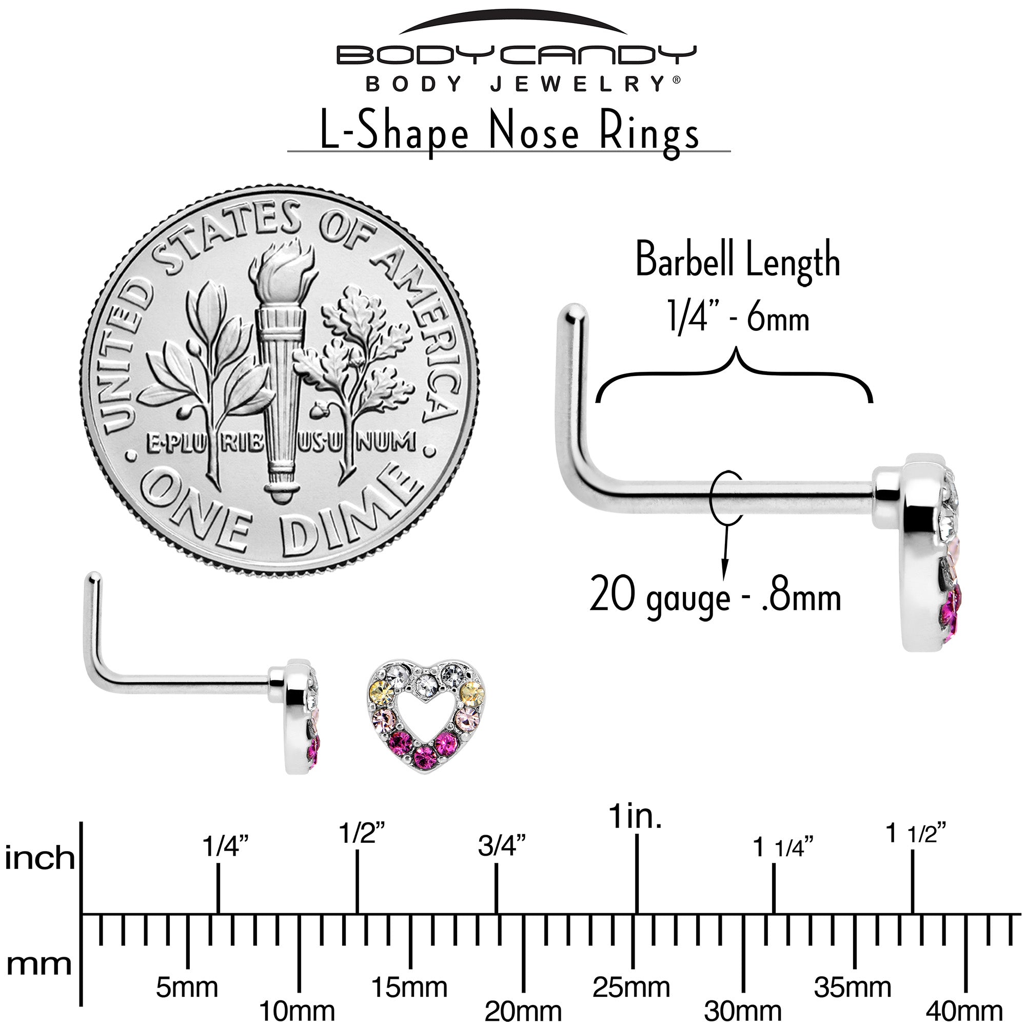 20G Romance Gem Open Heart L Shape Nose Ring