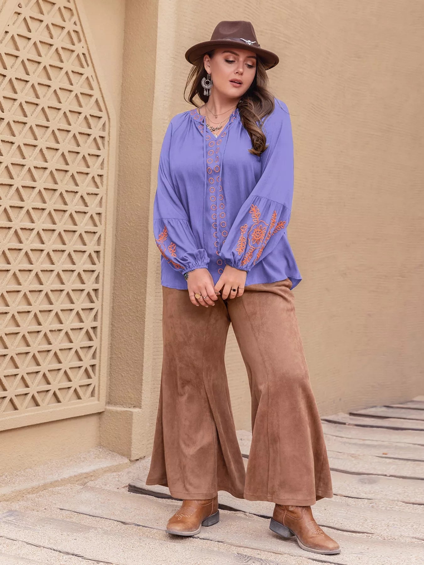 Plus Size Boho Embroidered Long Sleeve Blouse See size chart under “more details”