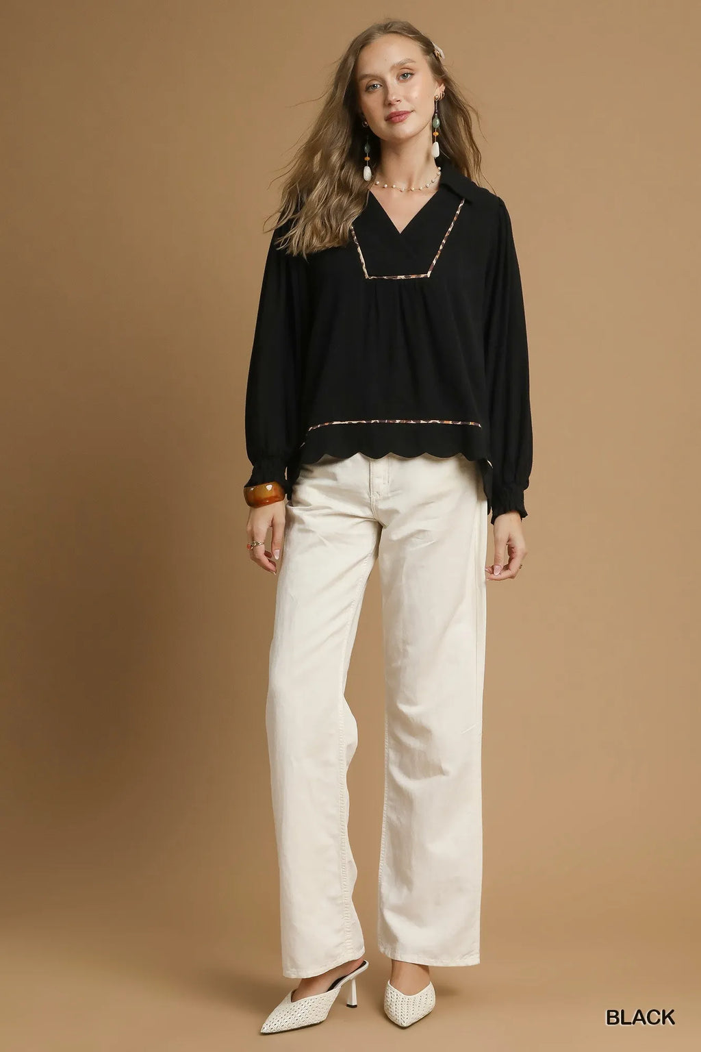 Full Size Linen Scallop Hem Blouse with Contrast Trim Plus Size