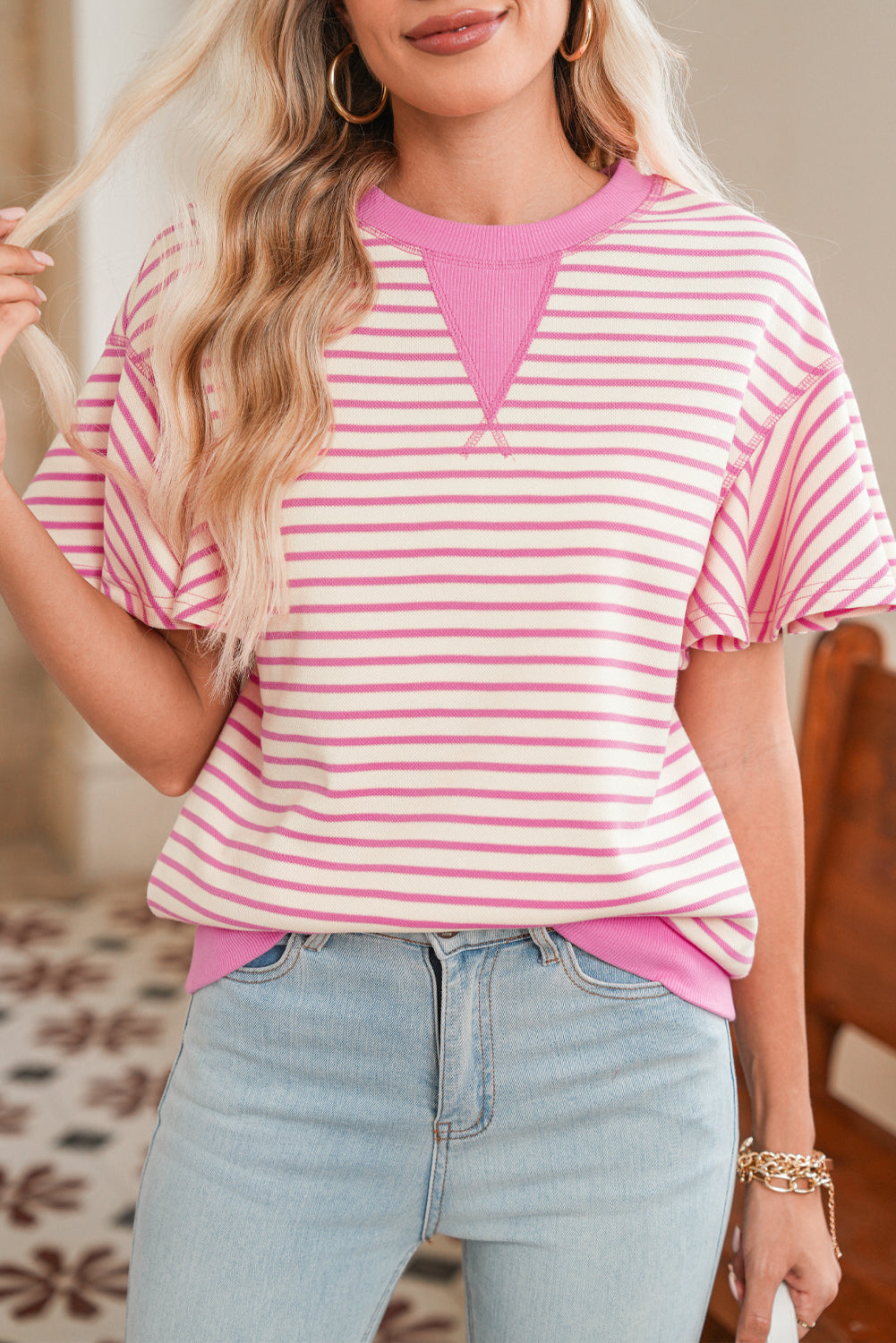 Parchment Striped Ruffle Sleeve Round Neck Top