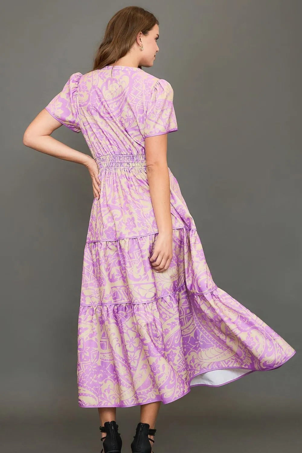 Umgee Full Size Printed Notched Short Sleeve Tiered Dress Plus Size