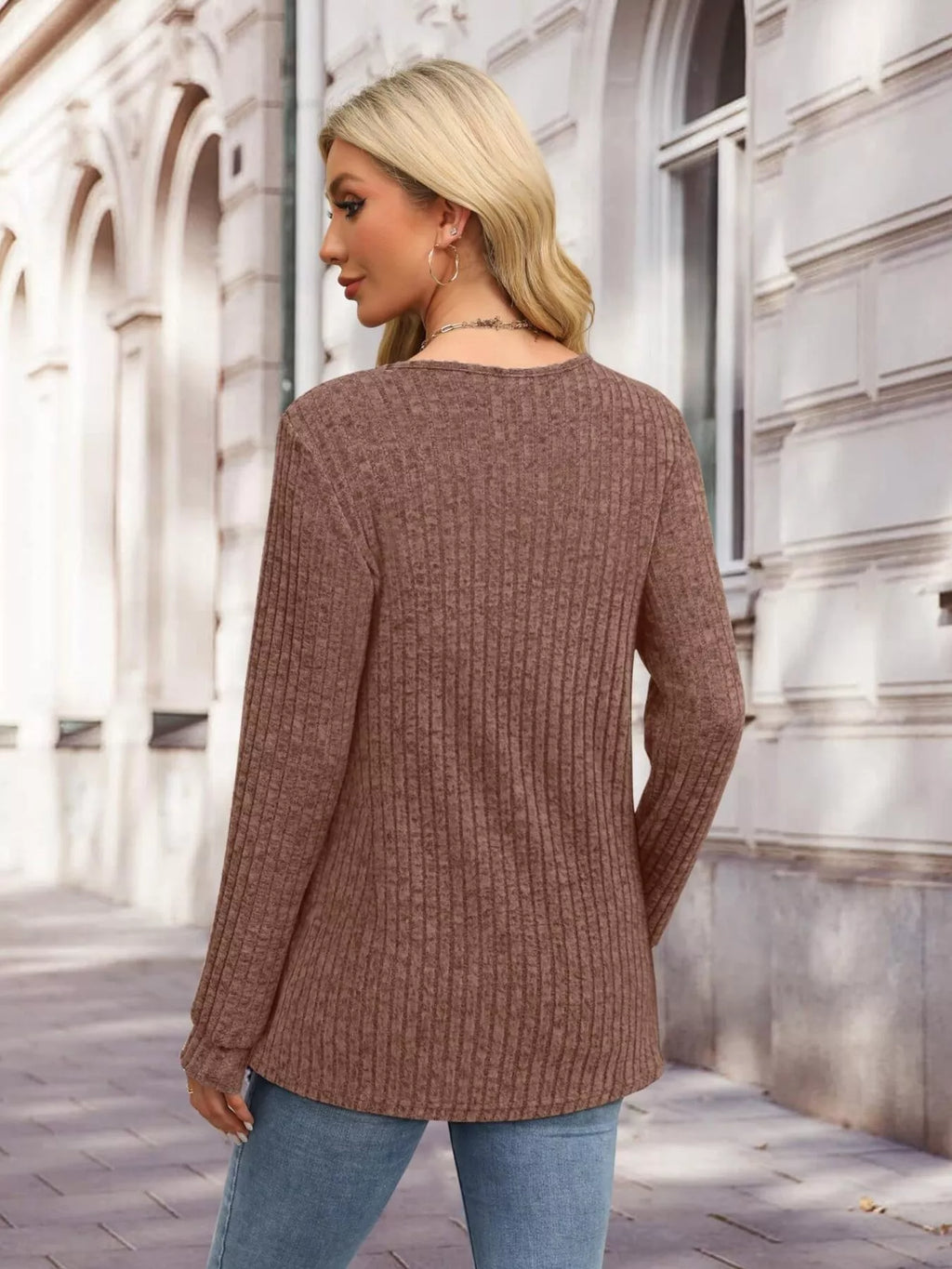 Ribbed Knit Button-Front Long Sleeve T-Shirt
