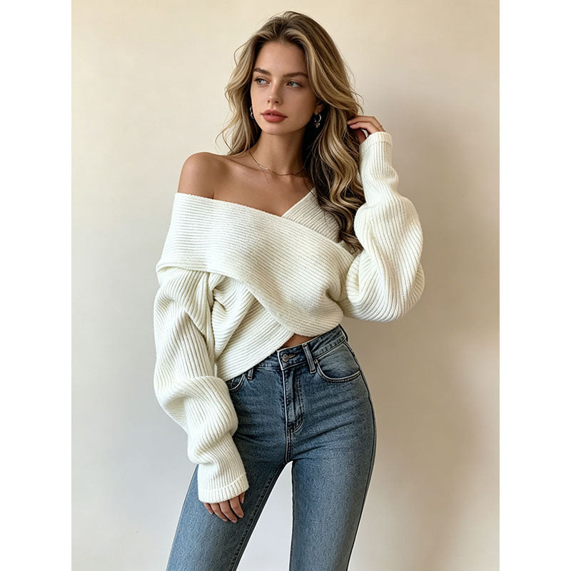 Loose-fitting Cropped Knitted Irregular Sweater For Women