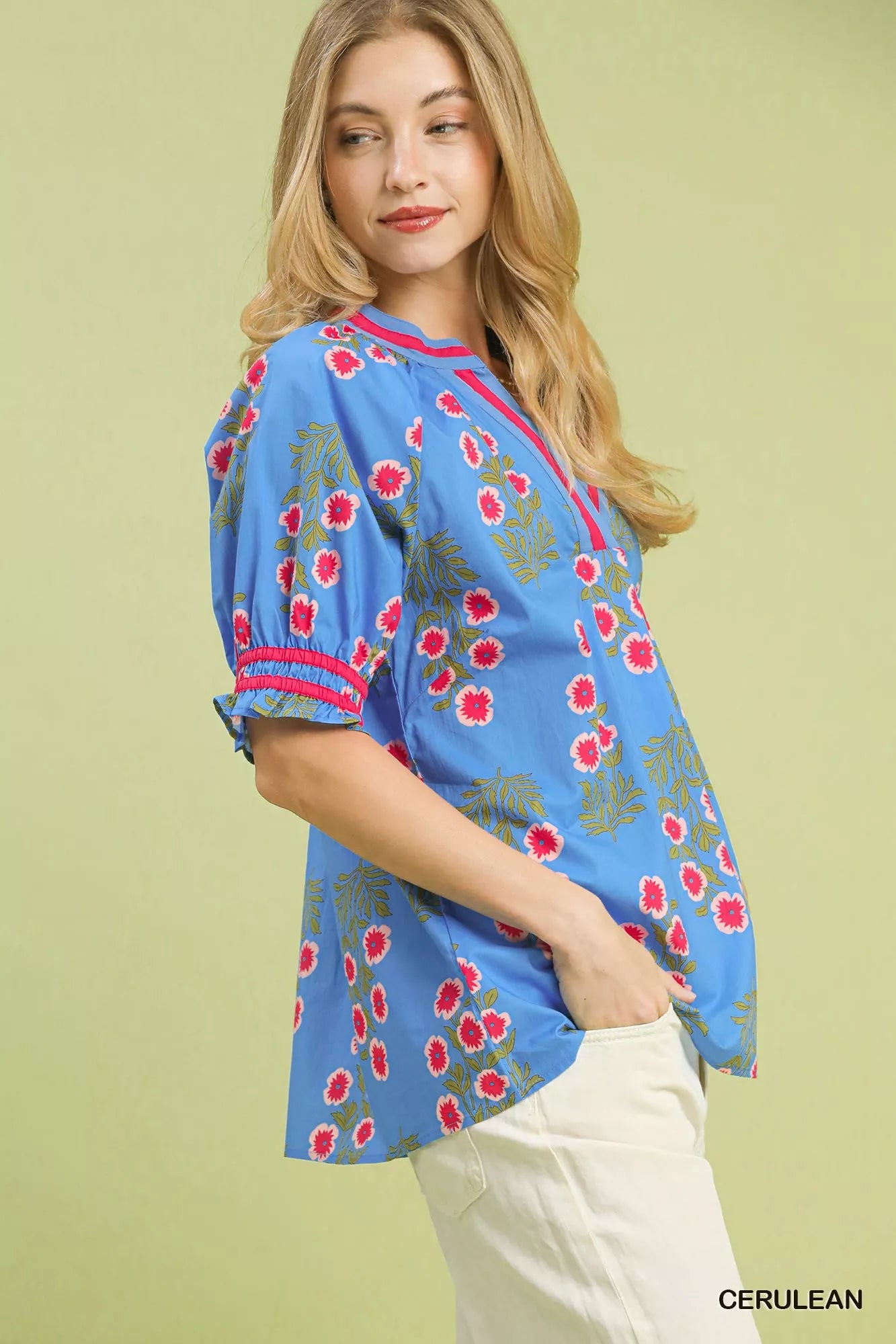 Umgee Floral V-Neck Puff Sleeve Top