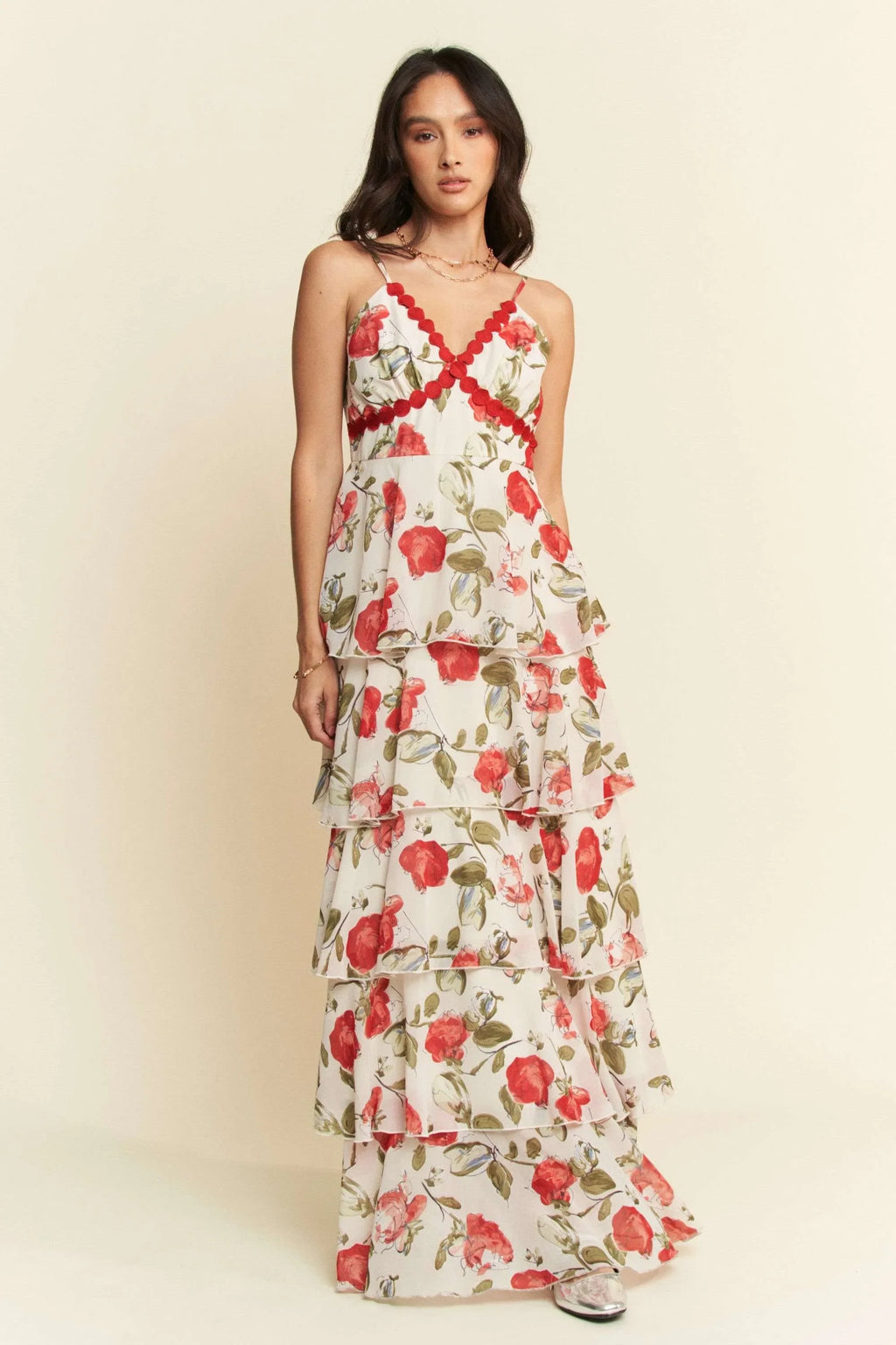Davi & Dani Contrast Ring Lace Layered Ruffle Maxi Cami Dress