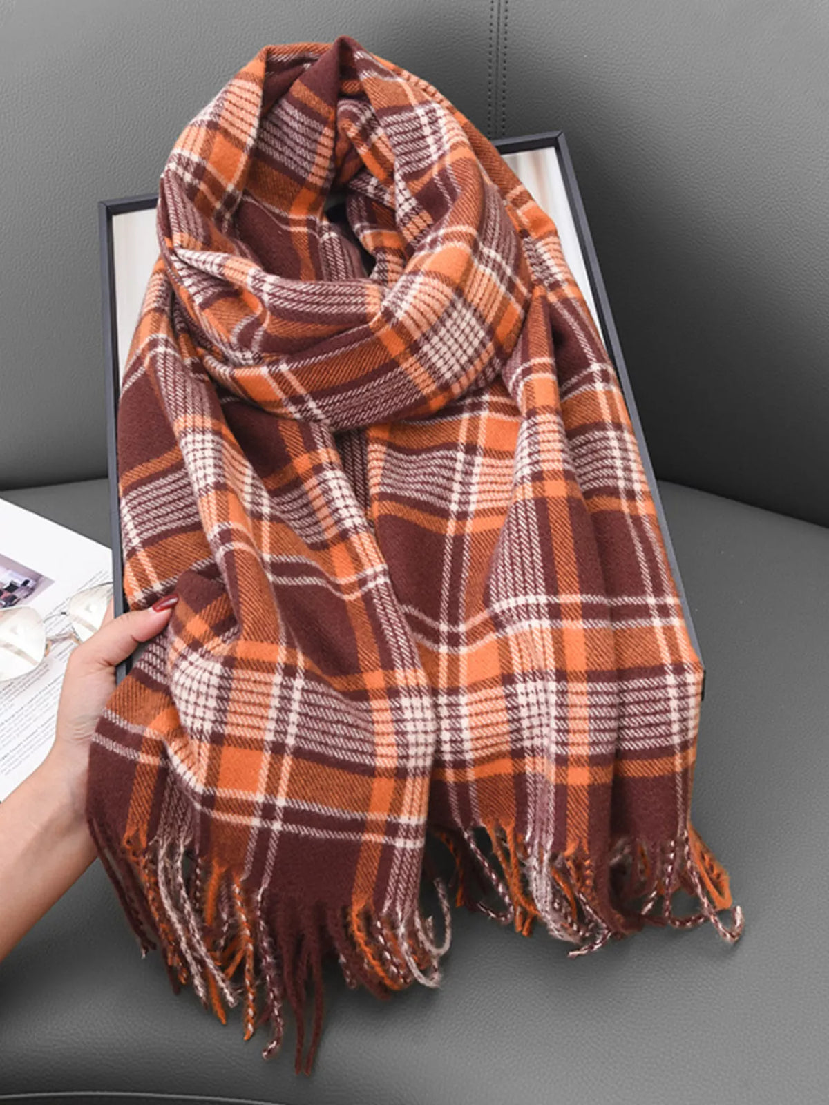 Plaid Tassel Hem Winter Scarf