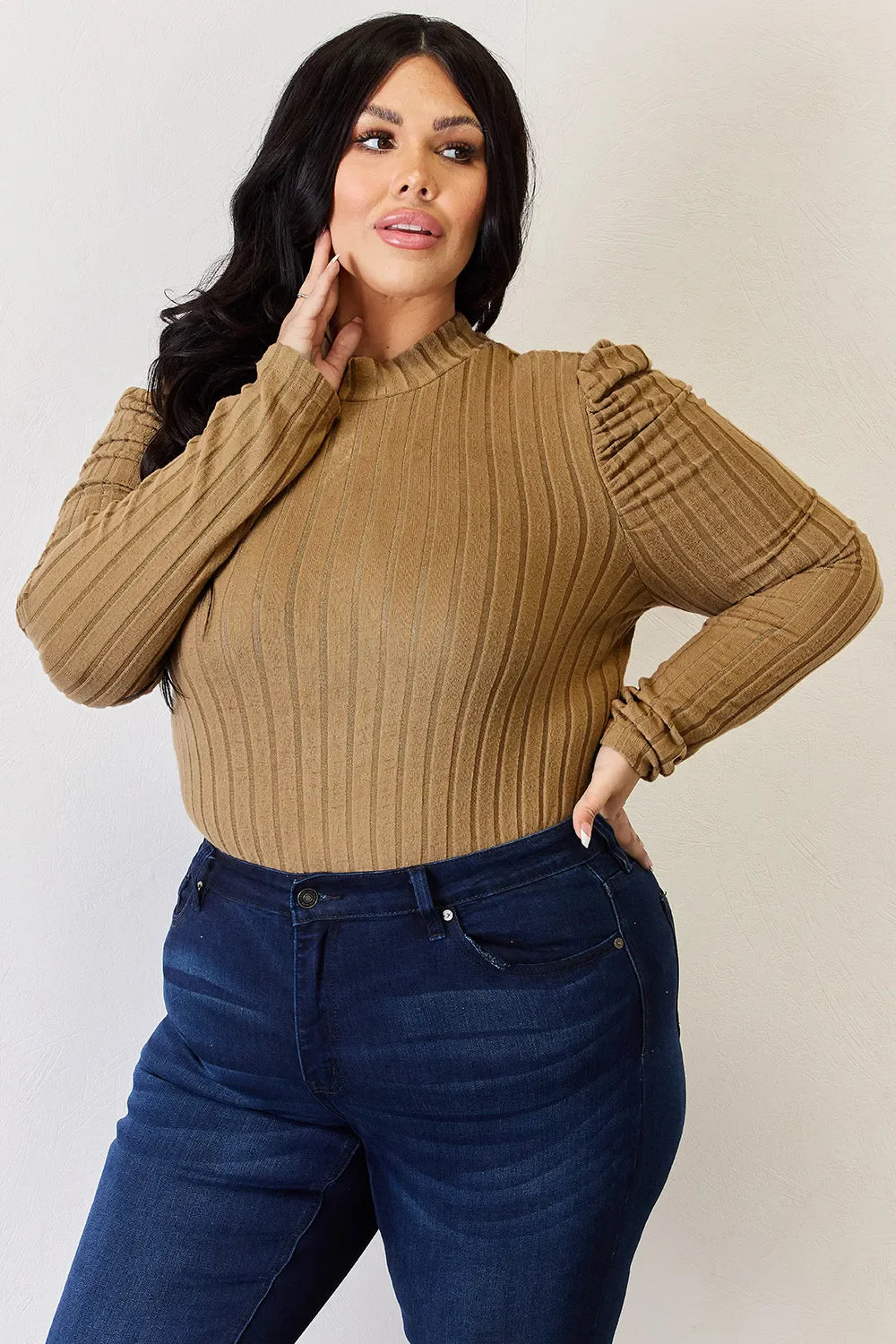 I am a Fashion junky Full Size Ribbed Mock Neck Puff Sleeve T-Shirt