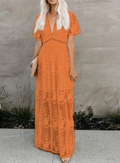 Sexy V-neck High Waist Embroidered Lace Maxi Dress Real Shot