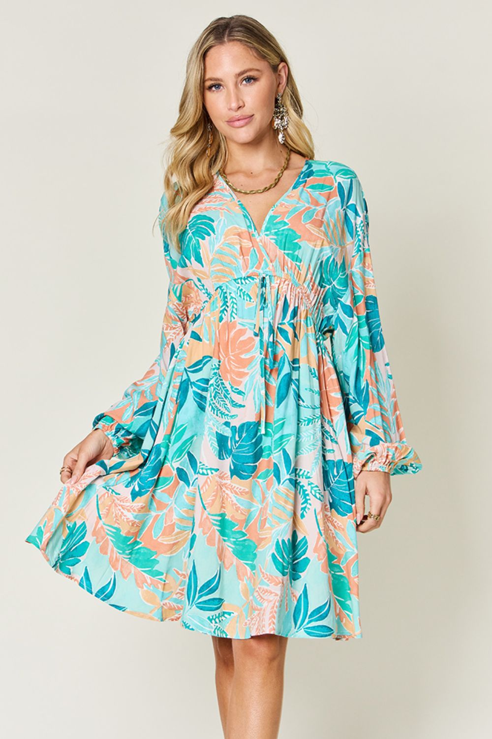 Printed Drawstring V-Neck Dress