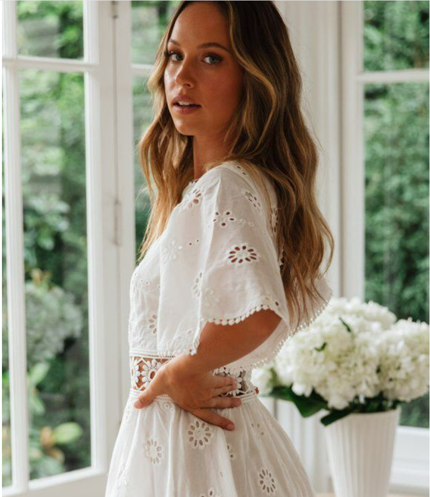 Eyelet Embroidery Summer Sexy Backless Hollow Out Cutout Tassel Cotton-like Dress for Women