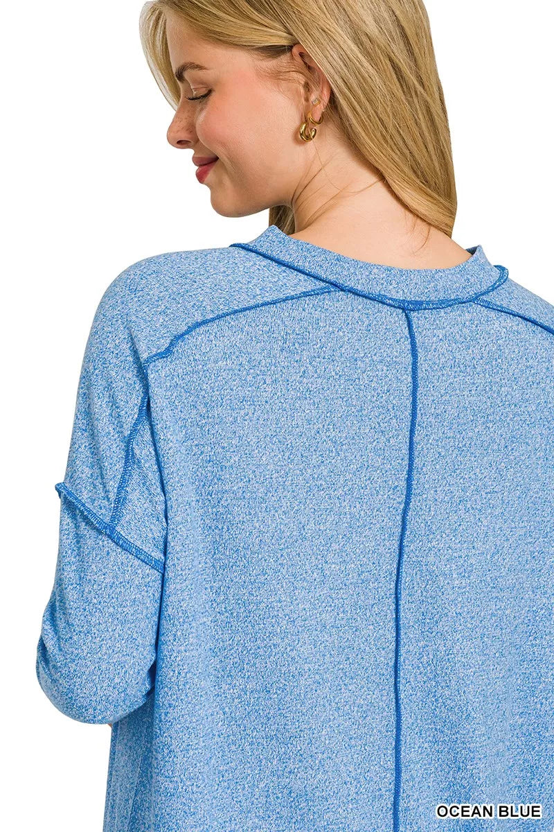 Zenana Full Size Melange Hacci Exposed Seam Hi-low Tee Plus Size