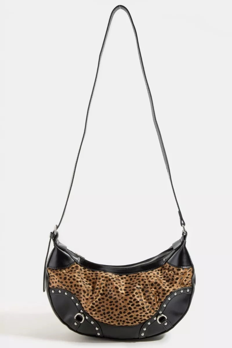Dark Spotted Leopard Print Half Moon Shoulder Bag