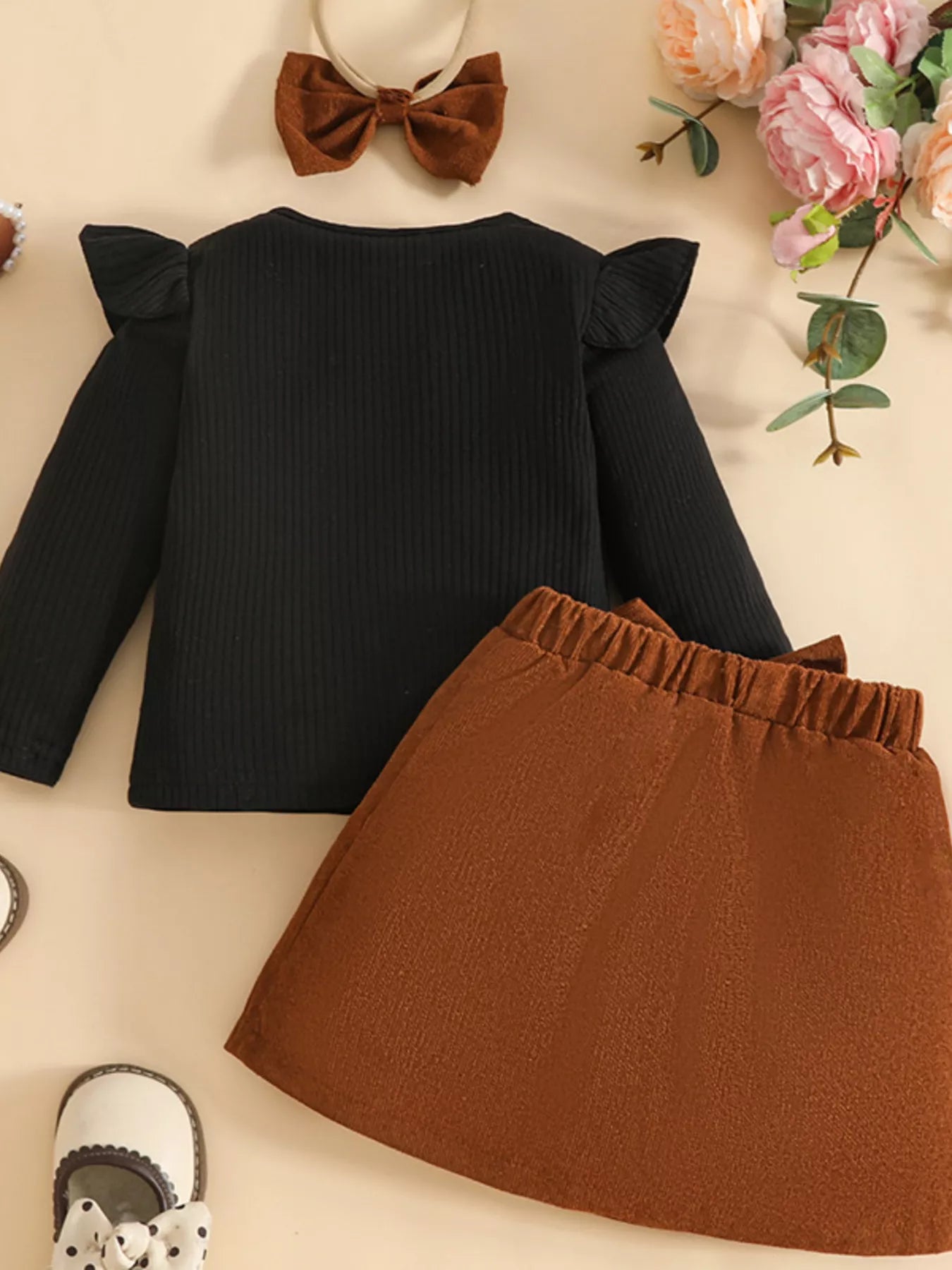 Children's Ribbed Knit Top and Bowknot Skirt Set with Headband