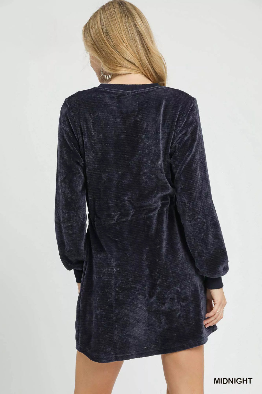 Velour Drawstring Mini Dress with Long Sleeves
