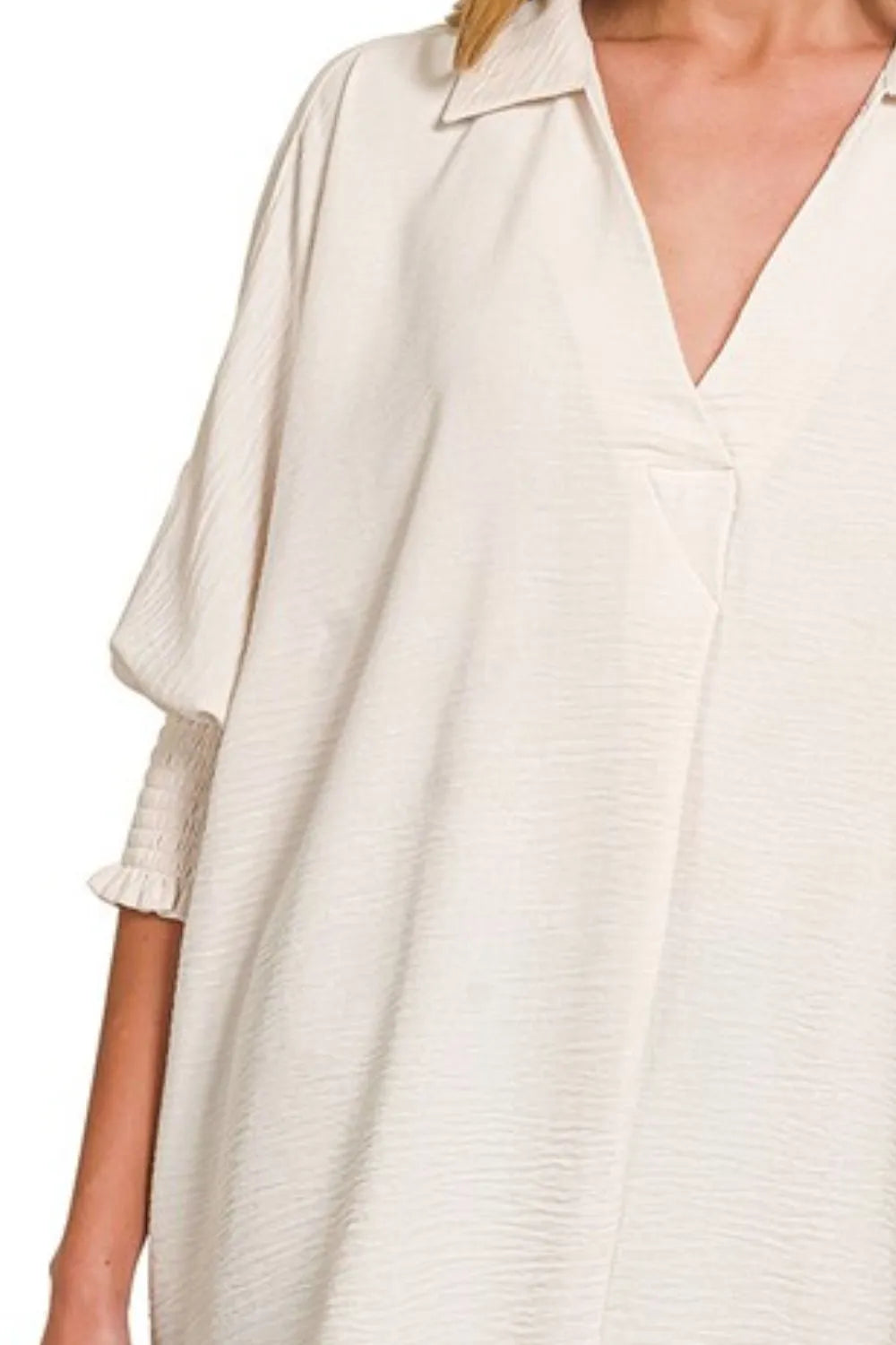 Airflow Collar Tee with Smocked Sleeve Band Top