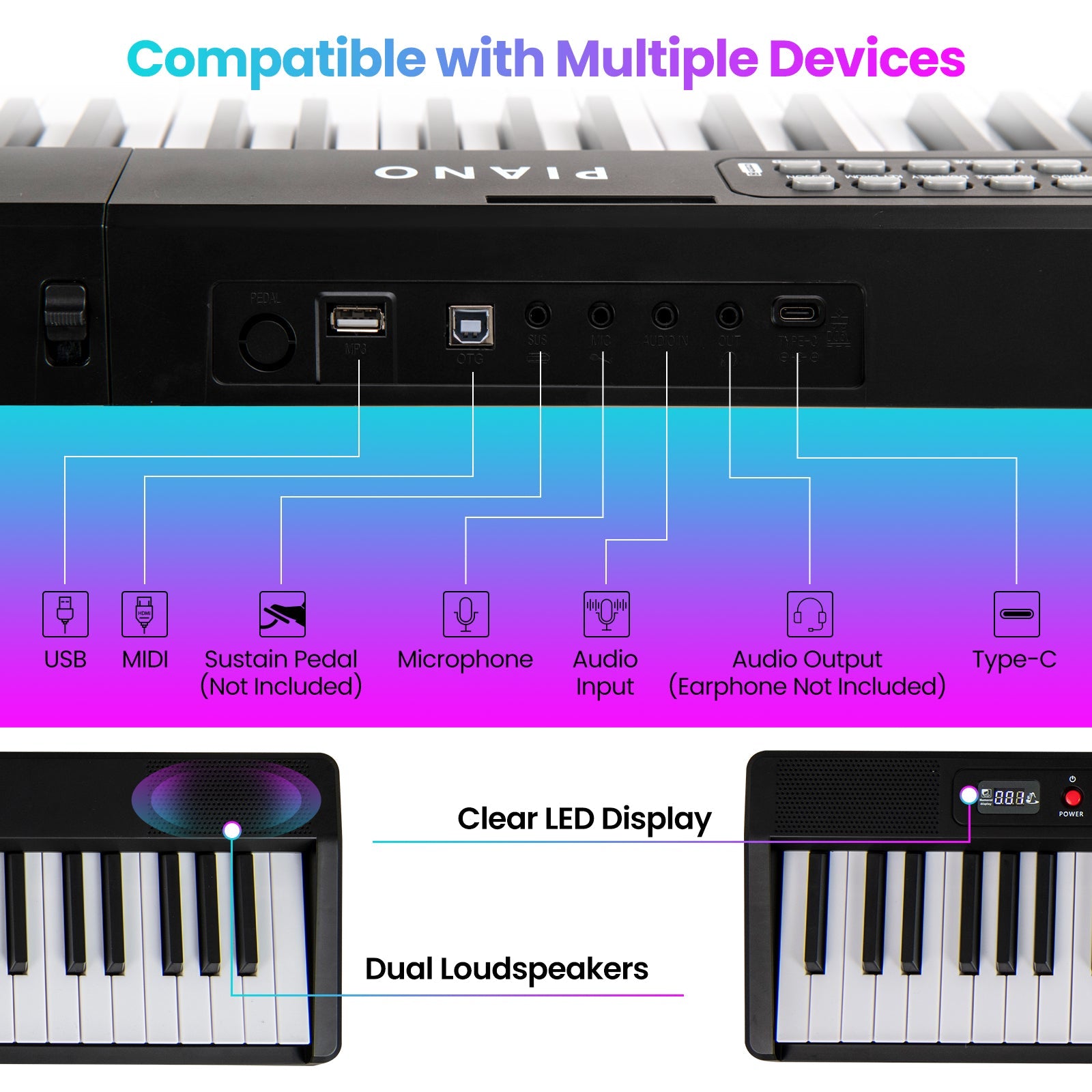 88 Key Foldable Electric Keyboard Piano with Wireless MIDI and Dual Speakers