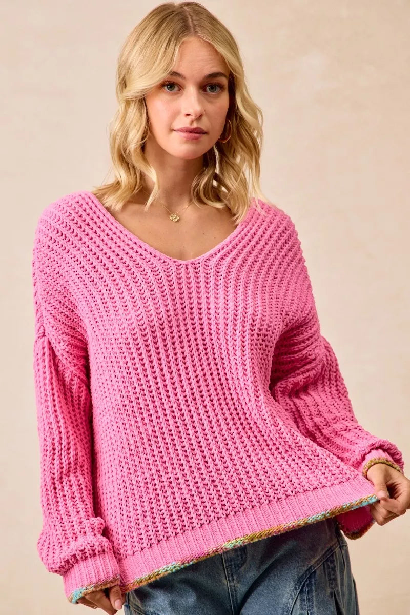 V-Neck Sweater with Colorful Trim