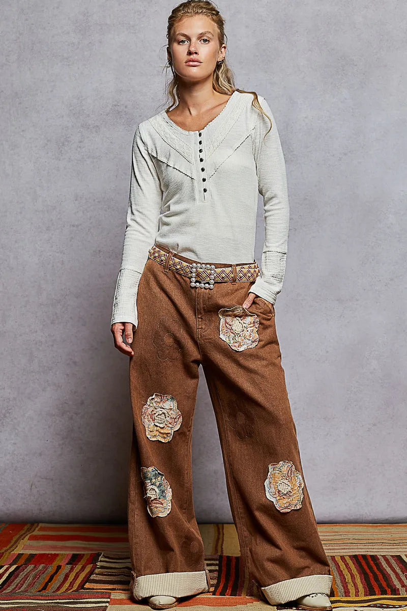 Ribbed Half Button Lace Detail Knit Top