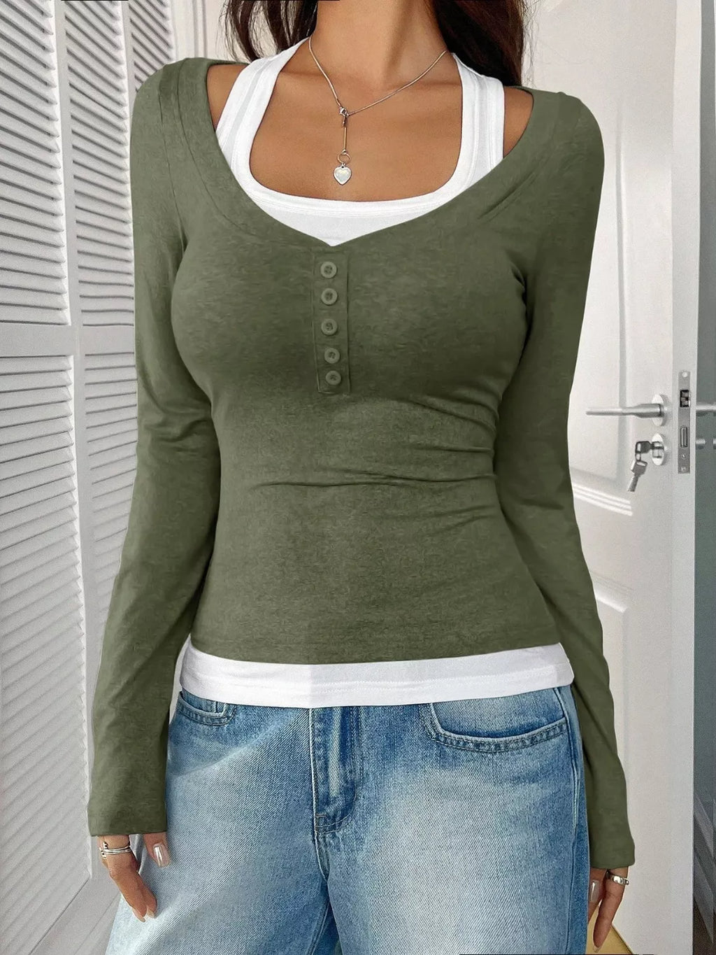 Contrast Long Sleeve Fake Two-Piece T-Shirt