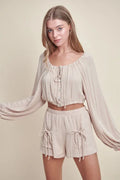 MABLE Gauze Long Sleeve Button Crop Top and Short Set