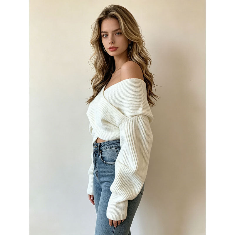 Loose-fitting Cropped Knitted Irregular Sweater For Women