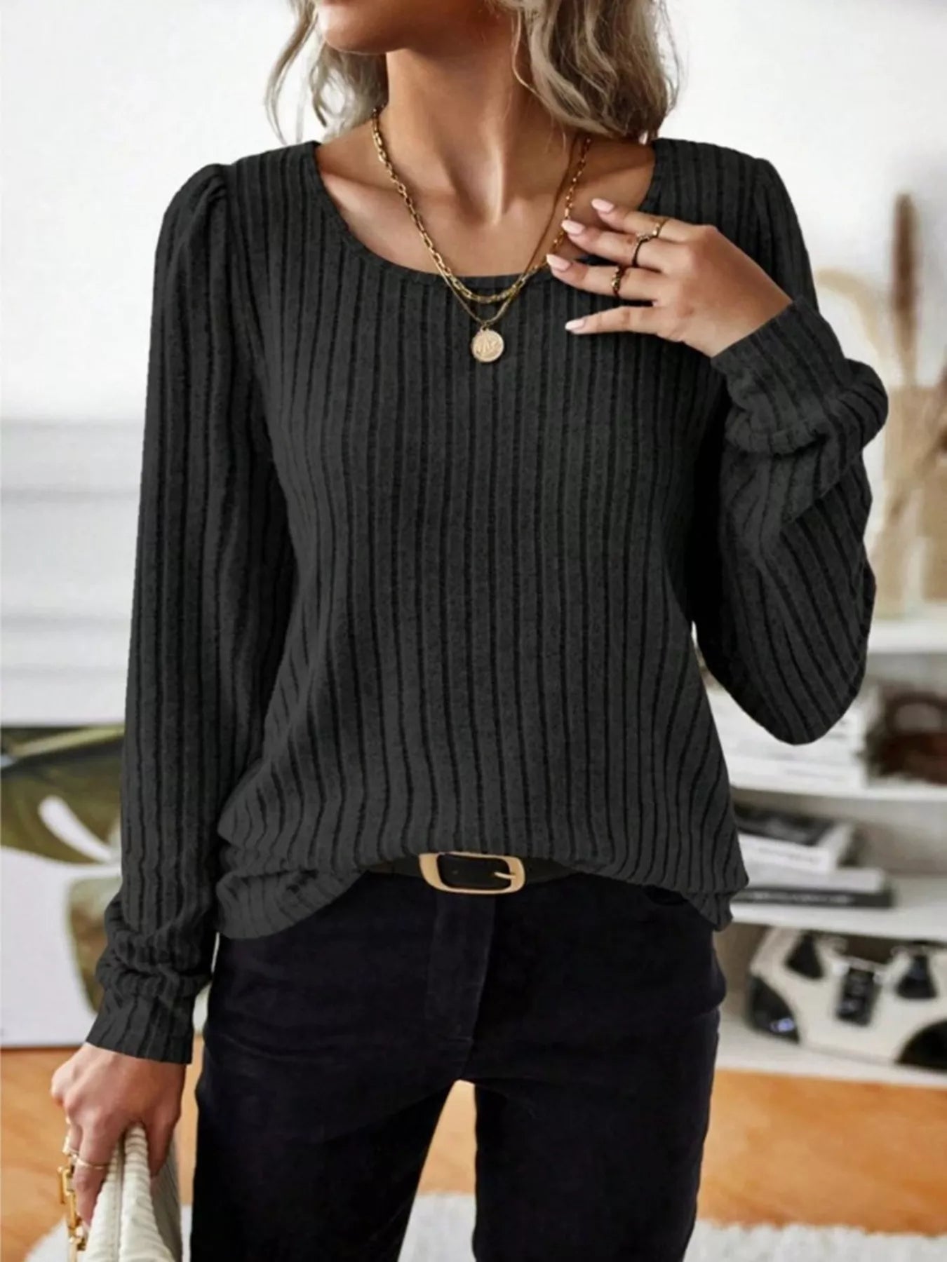 Ribbed Knit Long Sleeve T-Shirt