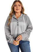 Gray Mixed Pattern Waffle Knit Patchwork Half Buttons Plus Hooded Top