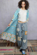 POL Striped and Floral Pattern Crochet Longline Cardigan