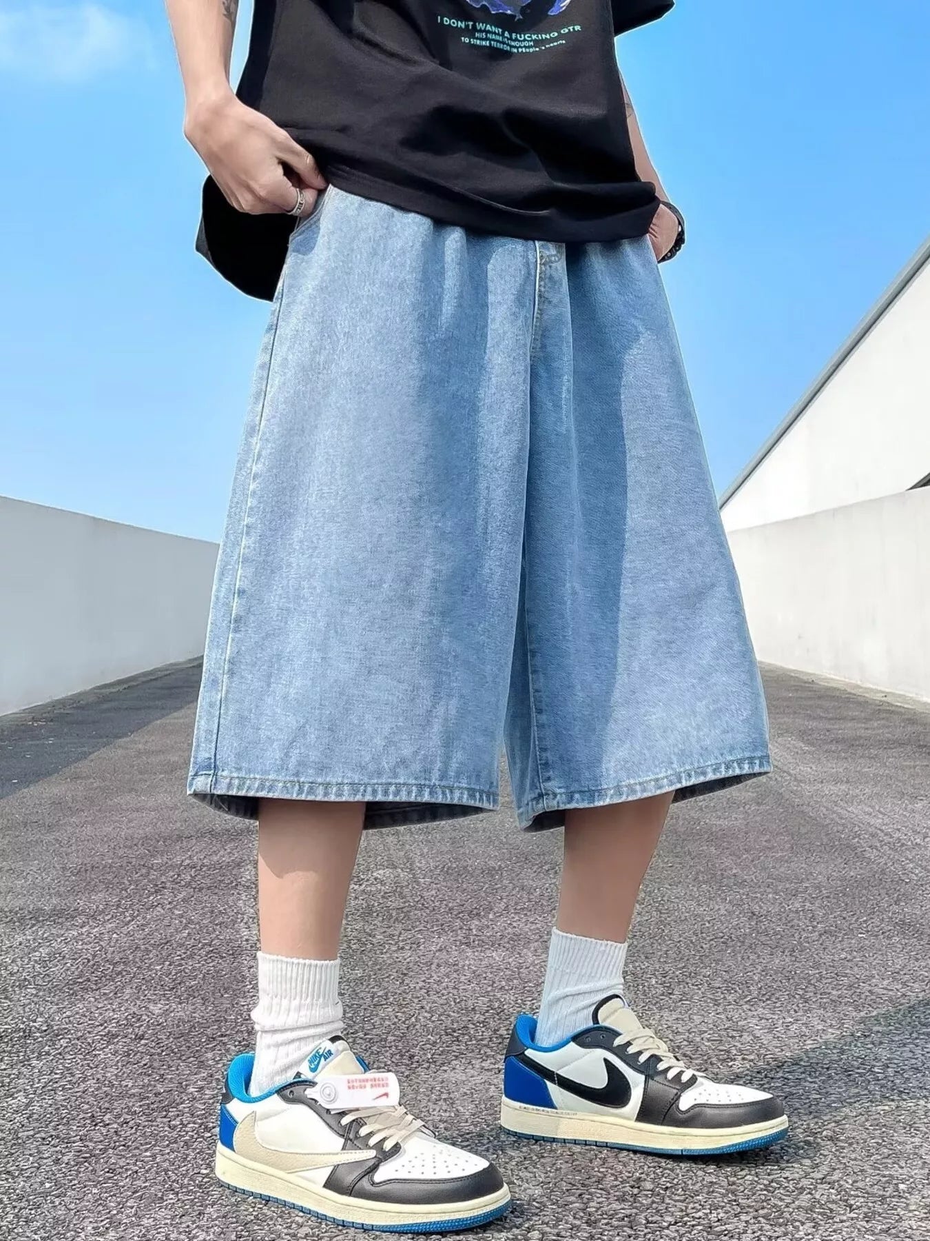 Men's Full Size Vintage Wash Wide-Leg Denim Shorts Plus Size