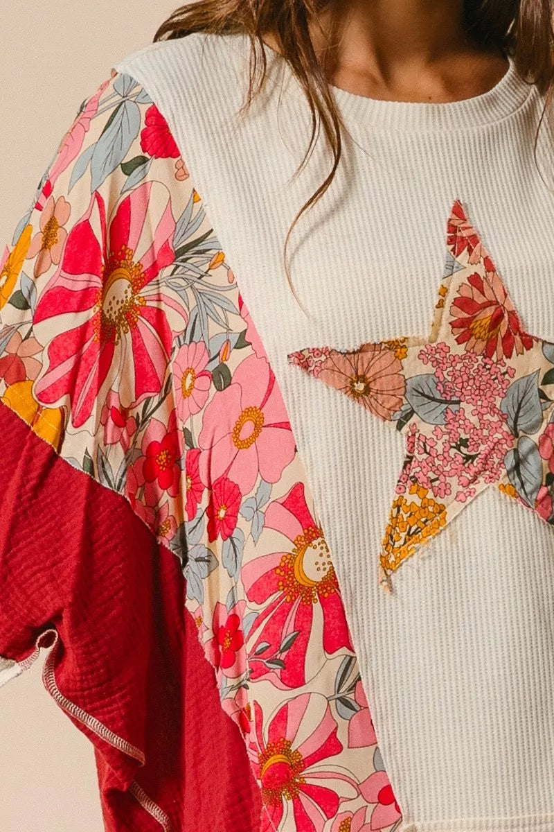 BiBi Floral Print Mixed Star Patch Round Neck Sweatshirt
