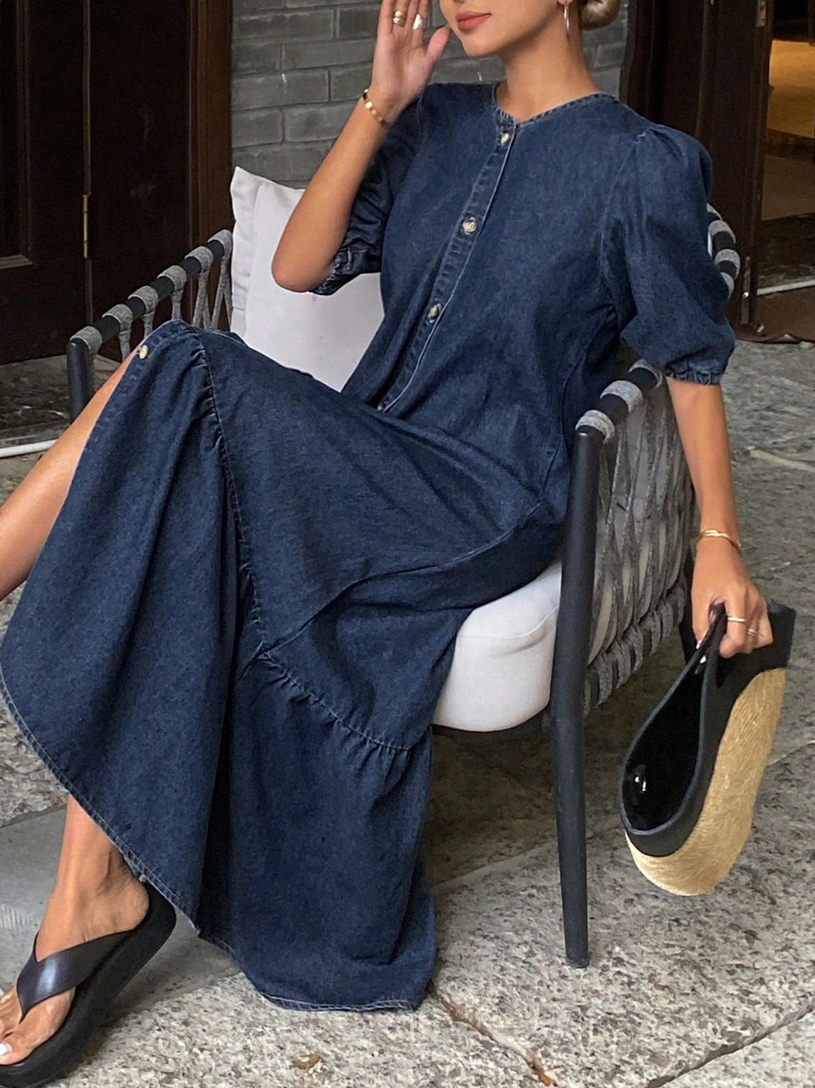 Button-ront Puff Sleeve Ruffle Hem Denim Midi Dress