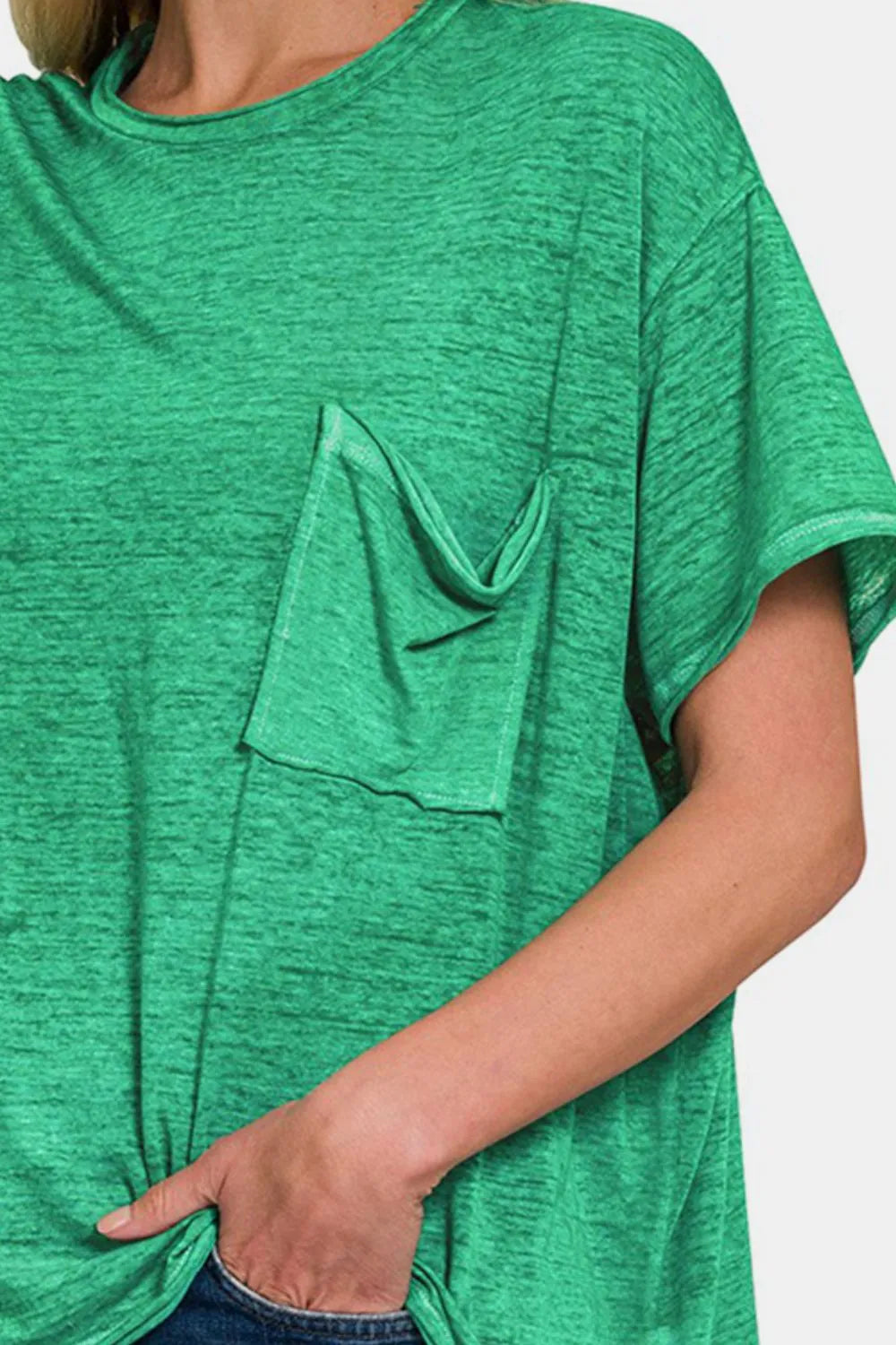 Pocketed Round Neck Dropped Shoulder T-Shirt