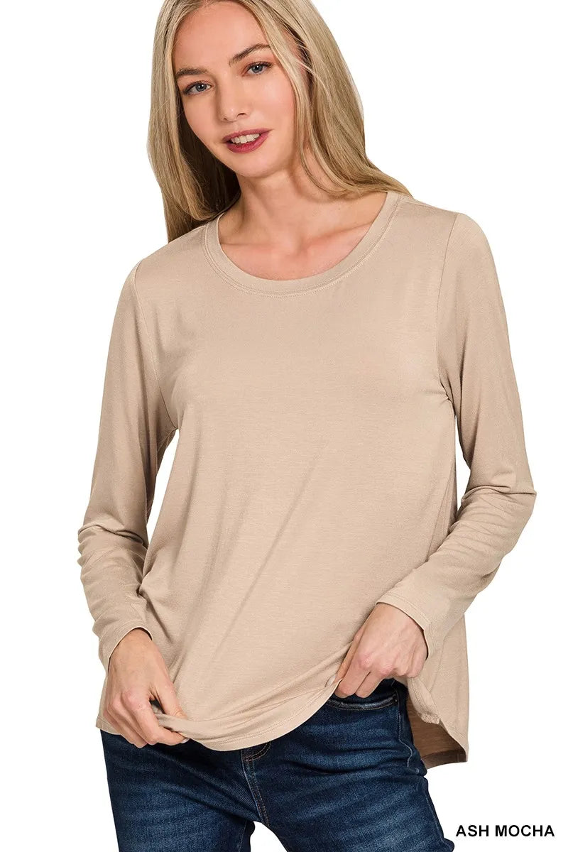 Flowy Round Hem Rayon Long Sleeve Top