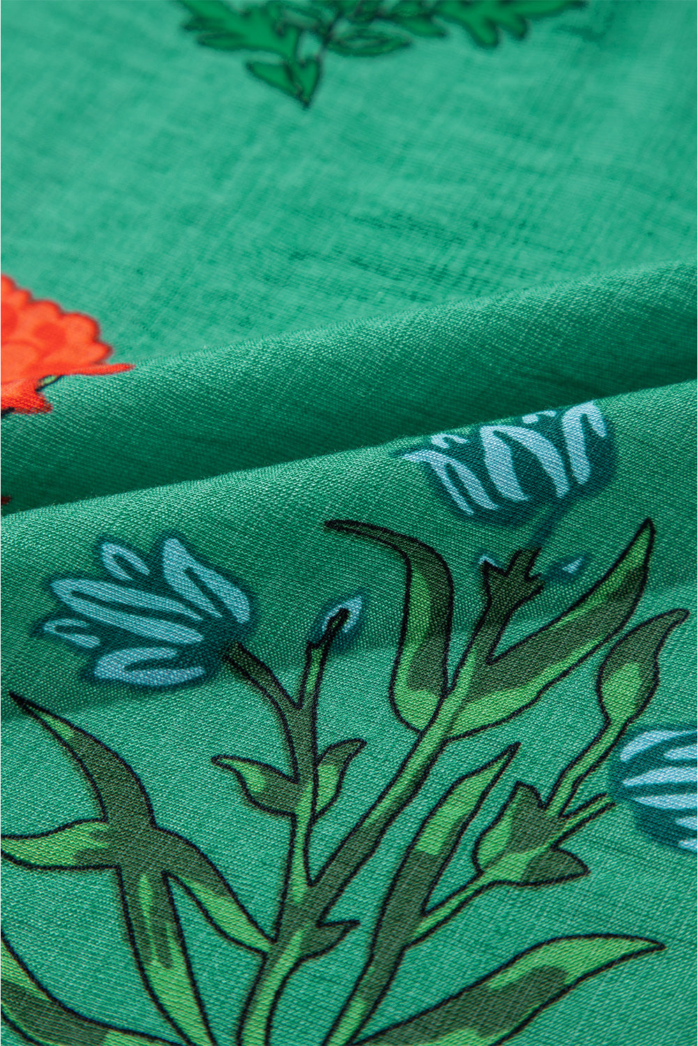 Bright Green Floral Print Buttoned V Neck Short Sleeve Blouse