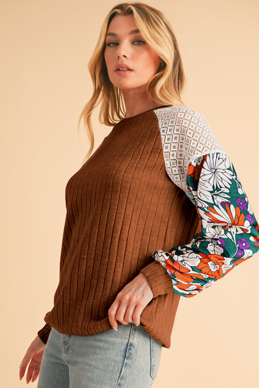 Parchment Floral Patchwork Raglan Sleeve Ribbed Blouse