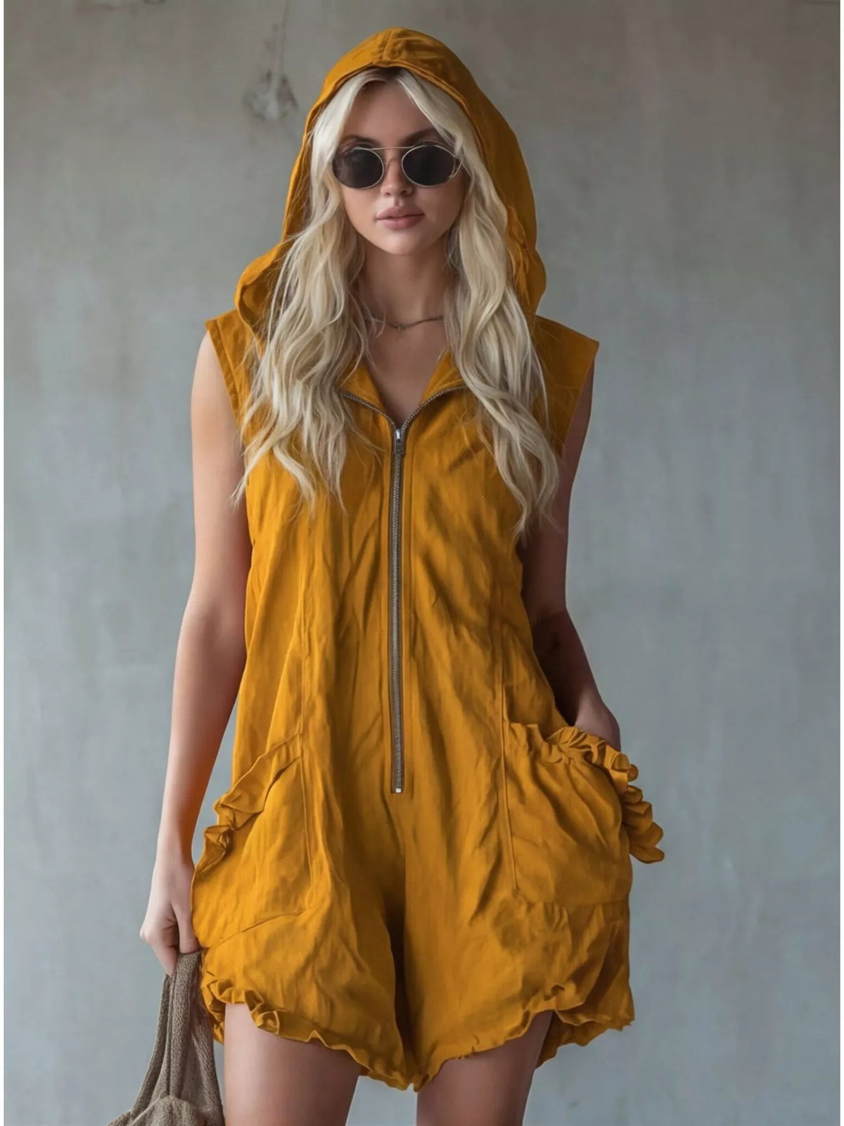 Full Size Hooded Sleeveless Zipper Romper with Ruffled Pockets Plus Size