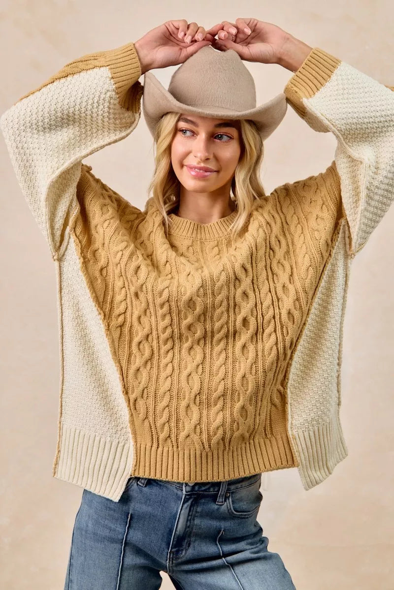 Cable Knit With Hacci Combo Sweater With Uneven Hem Detail