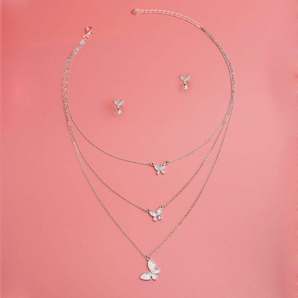 Statement Silver Triple Chain Butterfly Necklace Stylish Layered Jewelry